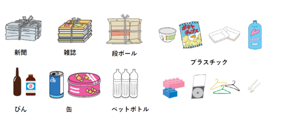 イラスト:新聞、雑誌、段ボール、びん、缶、ペットボトル、プラスチック